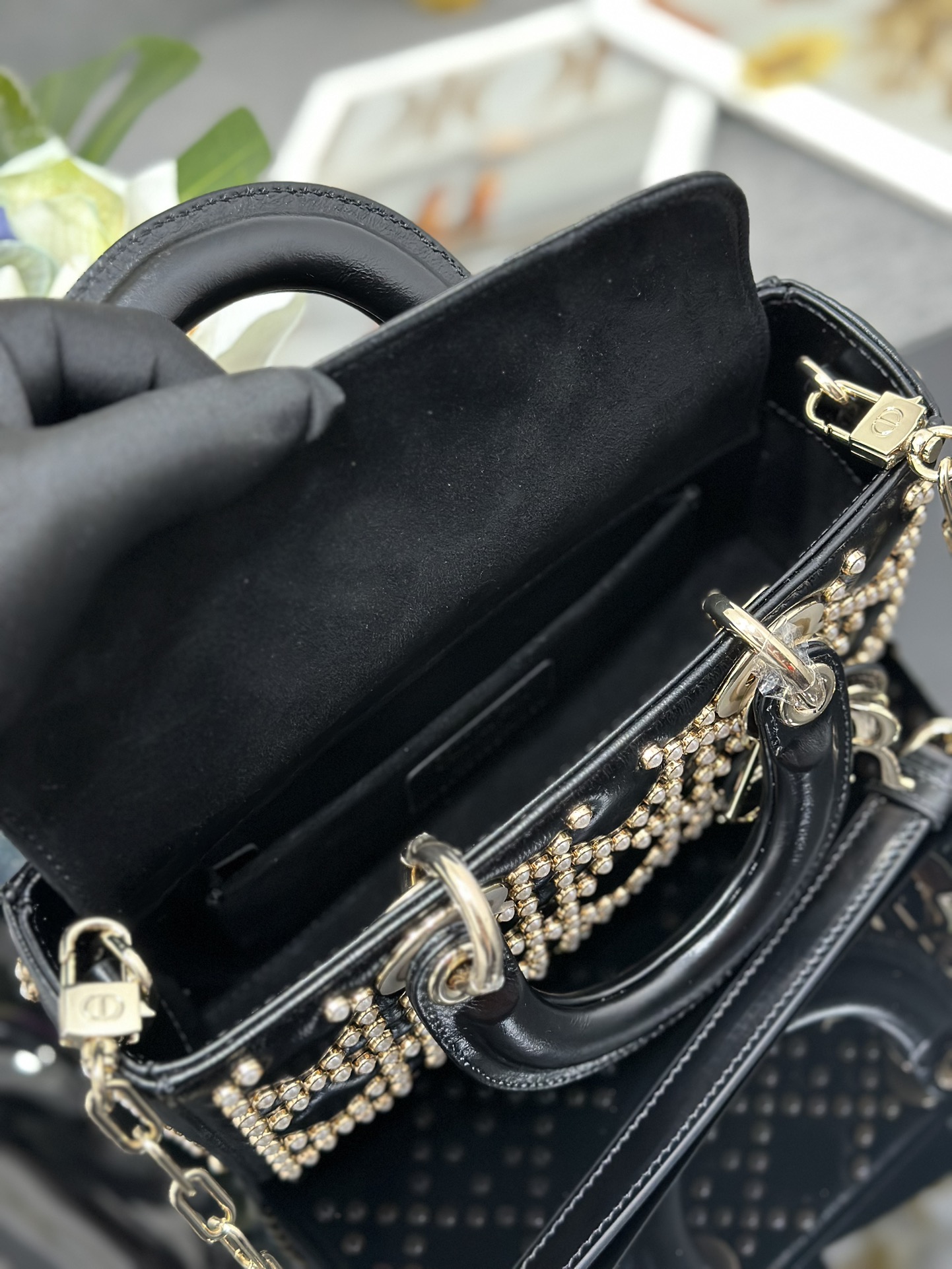 Small Lady D-Joy Bag Black Calfskin Embroidered with Pearl Nail